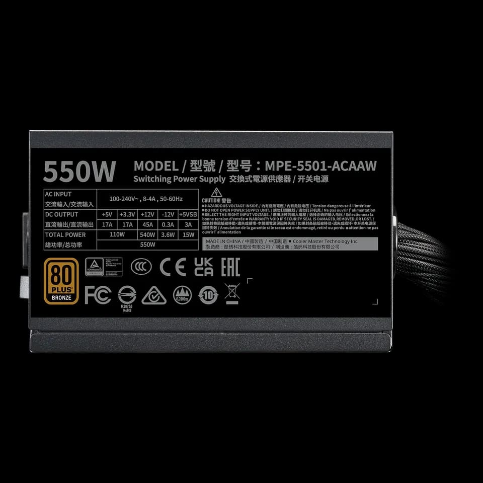 POWER SUPPLY COOLER MASTER MWE BRONZE 550W V3 80+ BRONZE - NON MODULAR