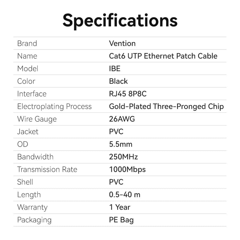 VENTION CAT 6 UTP PATCH CABLE 0.5M - 30M BLACK (IBEBD IBEBF IBEBG IBEBH IBEBI IBEBJ IBEBL IBEBN IBEBT)