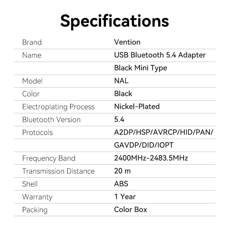 VENTION USB BLUETOOTH 5.4 ADAPTER BLACK MINI TYPE (NALB0)