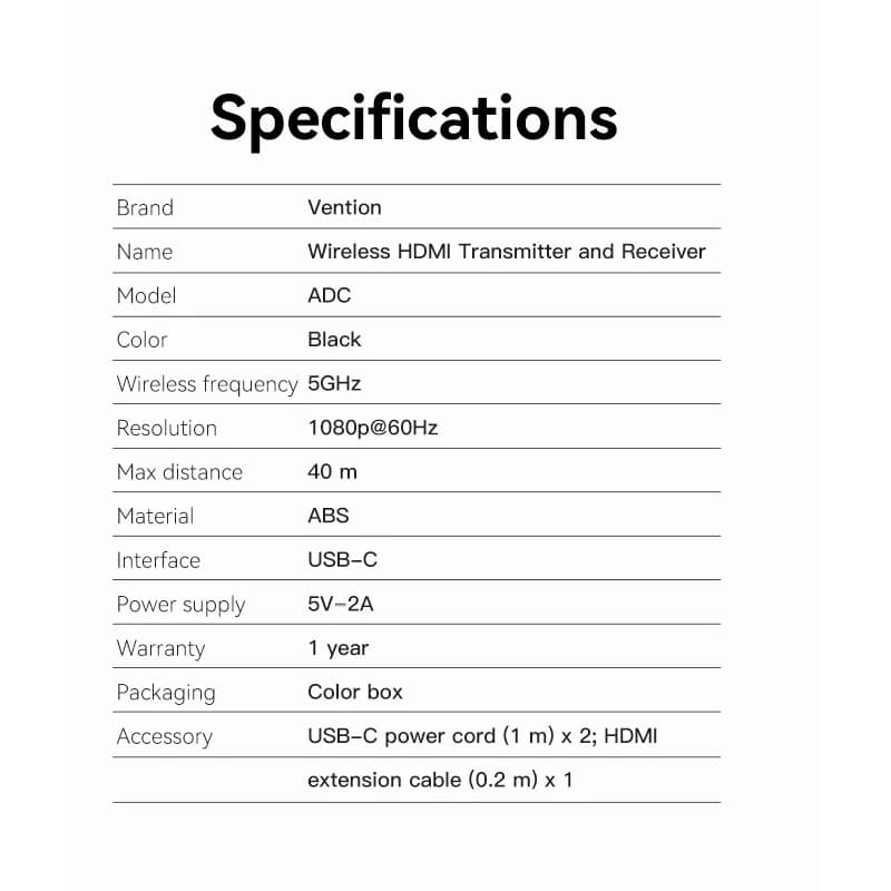 VENTION WIRELESS HDMI TRANSMITTER AND RECEIVER (ADCB0 ADCB0-TX)