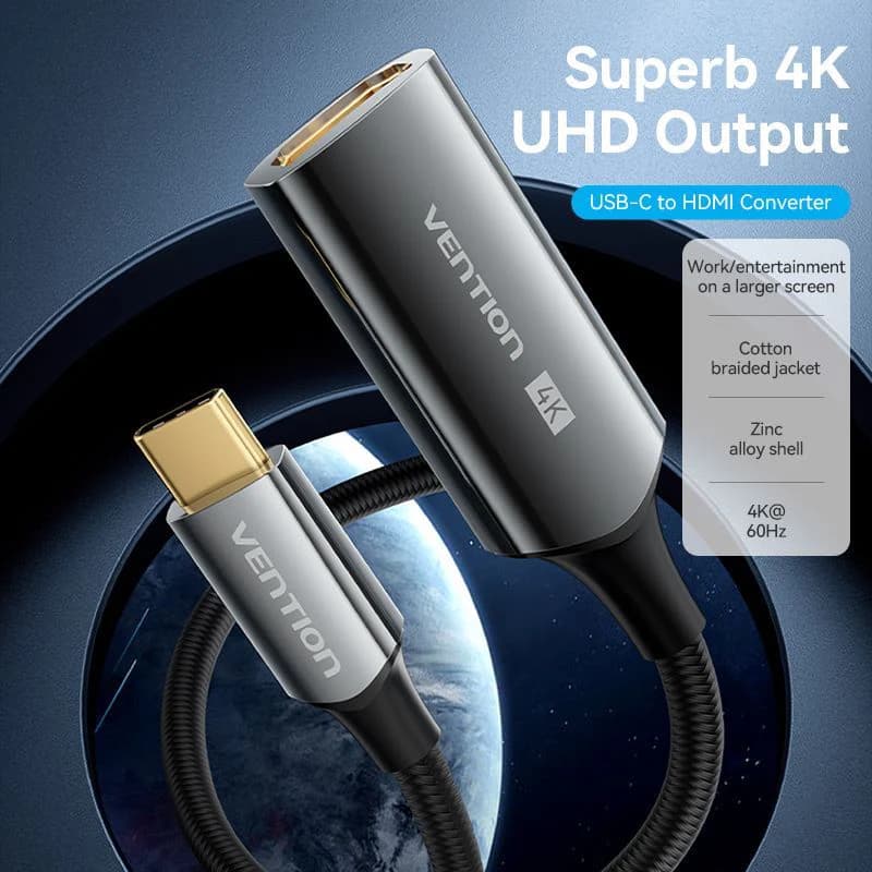 VENTION Cotton Braided USB-C to HDMI 4K Converter 0.25M Black Zinc Alloy Type (CREBC)