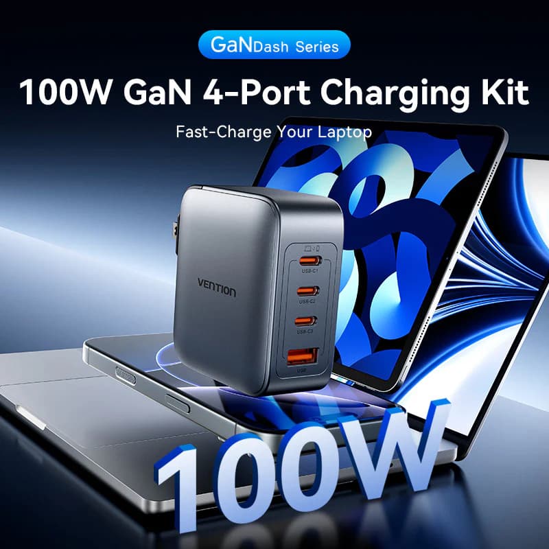 VENTION 4-Port USB GaN Charger (100W/100W/30W/30W) Gray with USB-C to USB-C Cable (1M) Black EU-Plug (TZ-FETH0-EU)