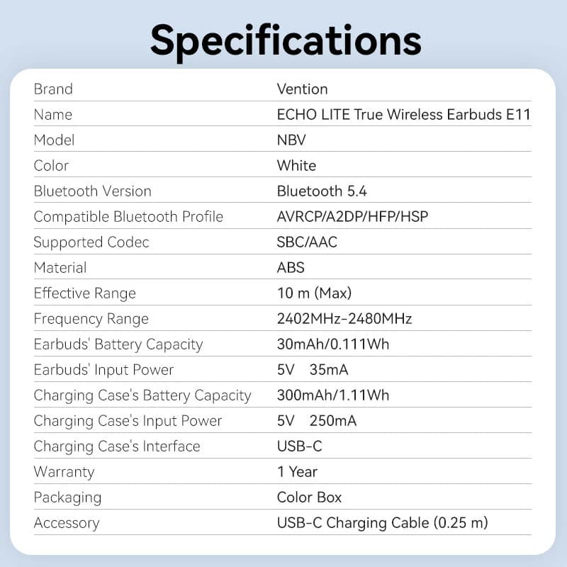 VENTION TRUE WIRELESS BLUETOOTH EARBUDS ECHO LITE E11 (NBVW0 NBVB0)