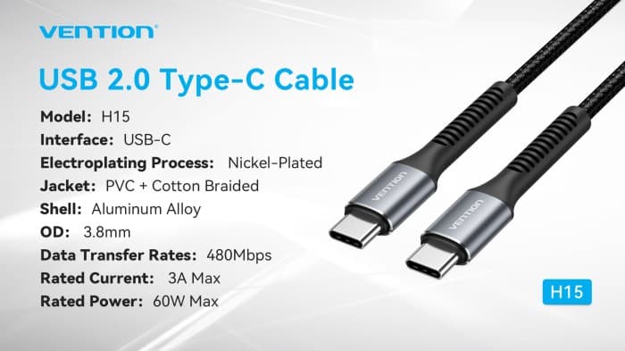 VENTION Cotton Braided USB 2.0 C Male to C Male 3A Cable 1M Black Aluminum Alloy Type (H15BF)