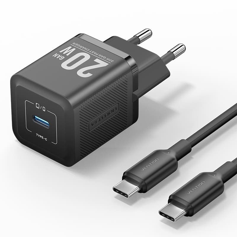 VENTION 1-Port USB-C GAN Charger (20W) with USB-C to USB-C Cable (1M) EU-Plug (TZ-FEPB0-EU-01 TZ-FEPW0-EU-01)