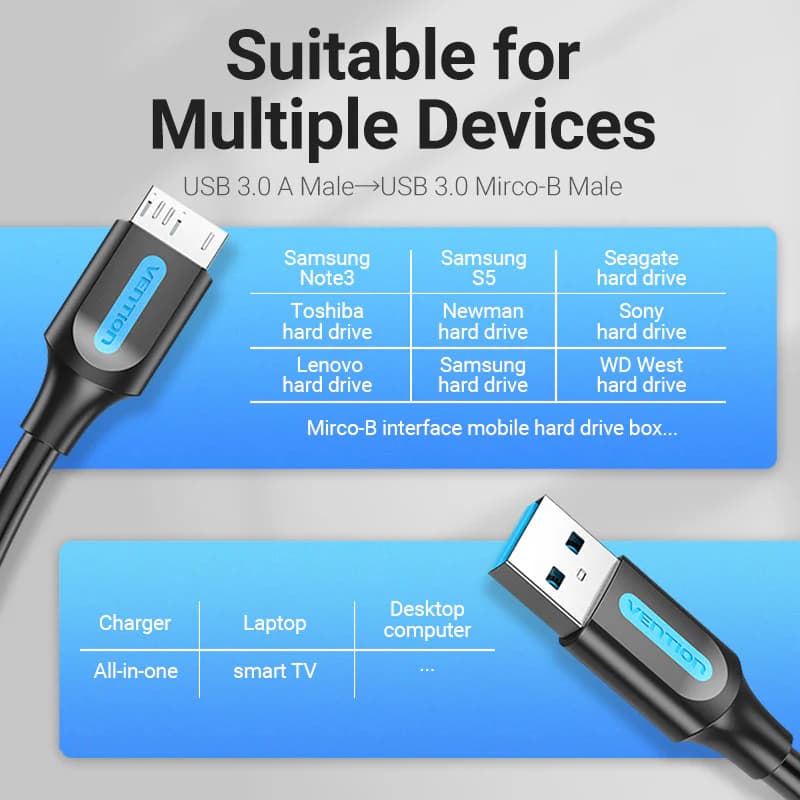 VENTION USB 3.0 A Male to Micro-B Male Cable 0.5M Black PVC type (COPBD)