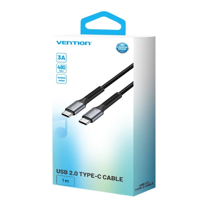 VENTION Cotton Braided USB 2.0 C Male to C Male 3A Cable 1M Black Aluminum Alloy Type (H15BF)