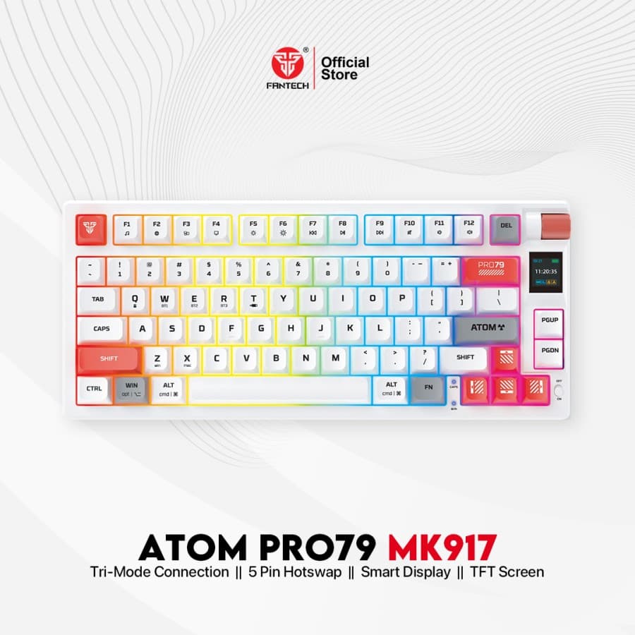 KEYBOARD FANTECH ATOM PRO79 MK917 MECHANICAL WITH SCREEN TRI-CONNECT — WHITE / BLUE
