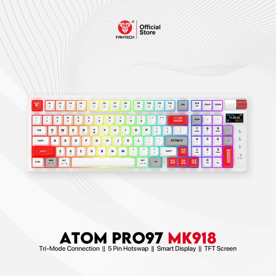 KEYBOARD FANTECH ATOM PRO97 MK918 MECHANICAL WITH SCREEN TRIPLE CONNECTION — WHITE / BLUE