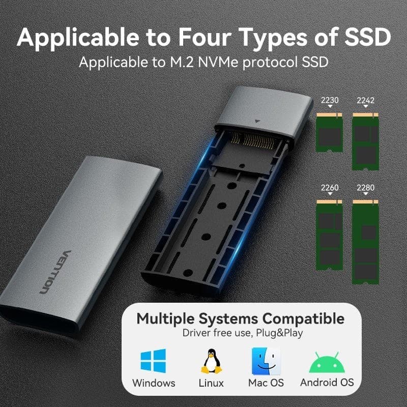 VENTION M.2 NVMe SSD ENCLOSURE (USB 3.1 Gen 2-C) Gray Aluminum Alloy Type (KPGH0)