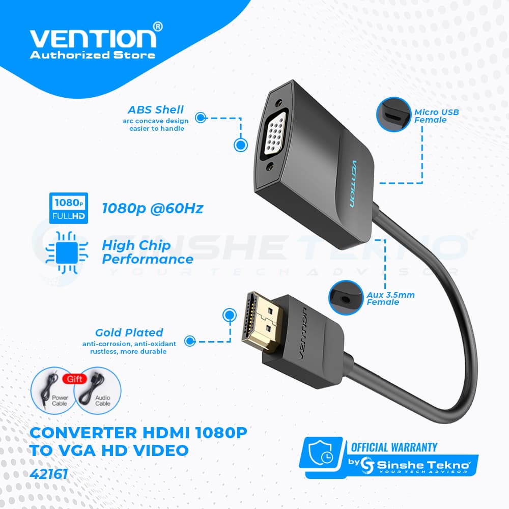 VENTION HDMI to VGA Converter with Female Micro USB and Audio Port 0.15M Black (42161)