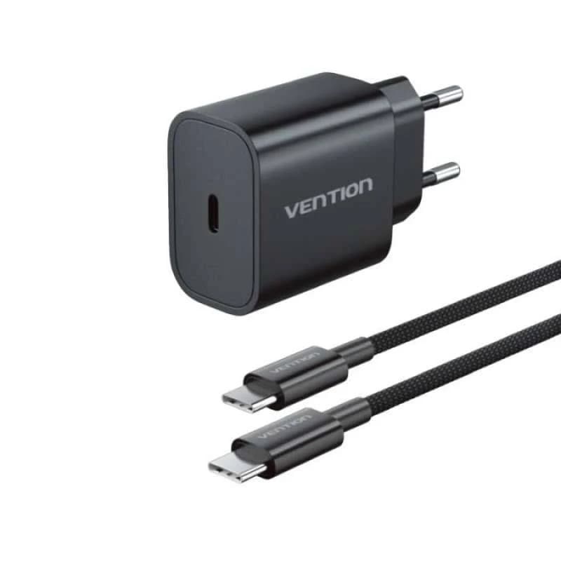 VENTION 1-PORT USB-C GaN CHARGER (30W) with USB 2.0 Type-C Male to Type-C Male 3A Cable (1M) EU-Plug (G18W0-EU G18B0-EU)