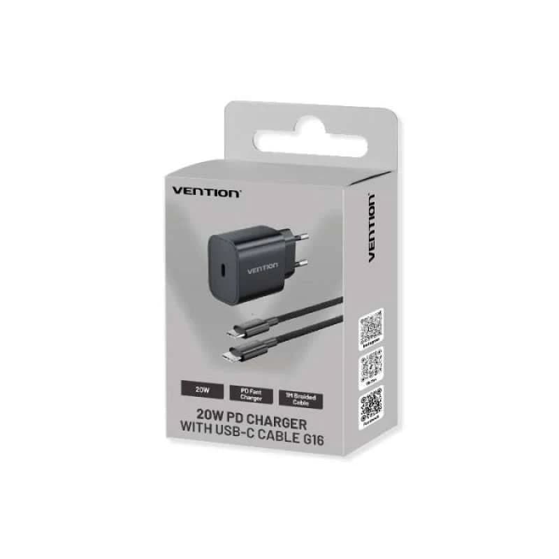 VENTION 1-PORT USB-C CHARGER (20W) with USB 2.0 Type-C Male to Type-C Male 3A Cable (1M) EU-Plug (G16W0-EU G16B0-EU)