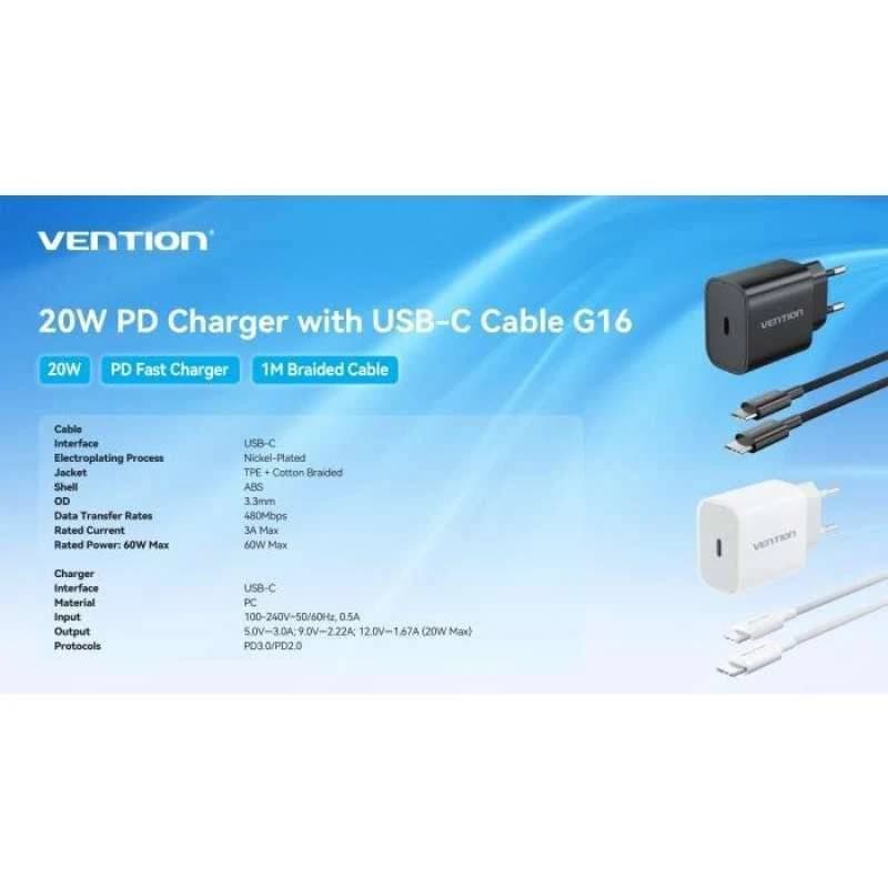 VENTION 1-PORT USB-C CHARGER (20W) with USB 2.0 Type-C Male to Type-C Male 3A Cable (1M) EU-Plug (G16W0-EU G16B0-EU)