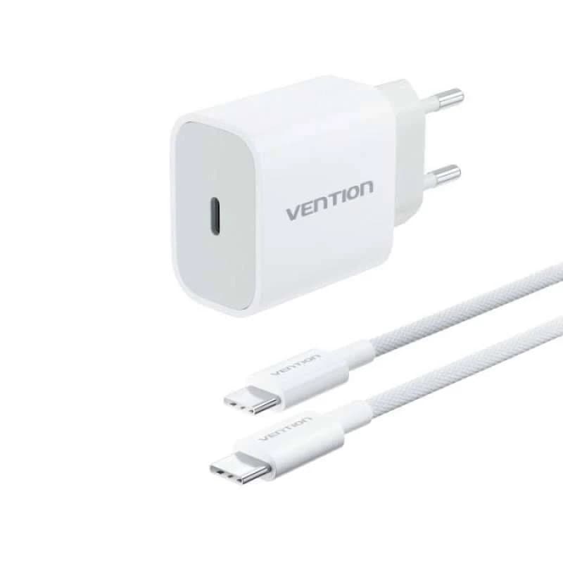 VENTION 1-PORT USB-C GaN CHARGER (30W) with USB 2.0 Type-C Male to Type-C Male 3A Cable (1M) EU-Plug (G18W0-EU G18B0-EU)
