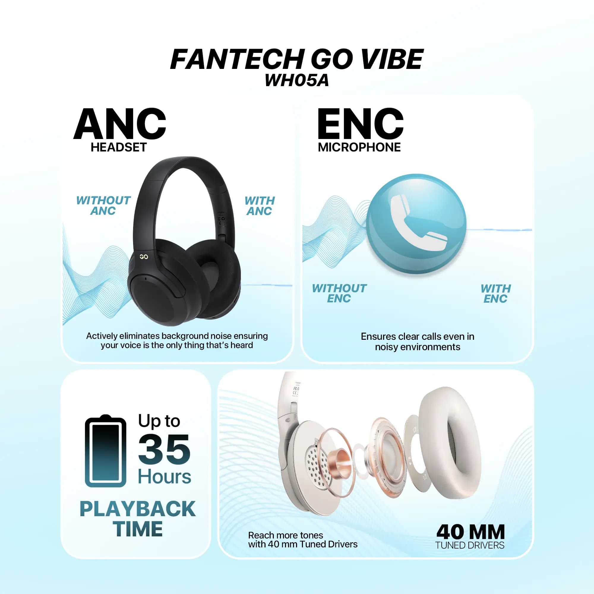 HEADSET FANTECH GO VIBE WH05A ANC + ENC WIRELESS BLUETOOTH 5.3