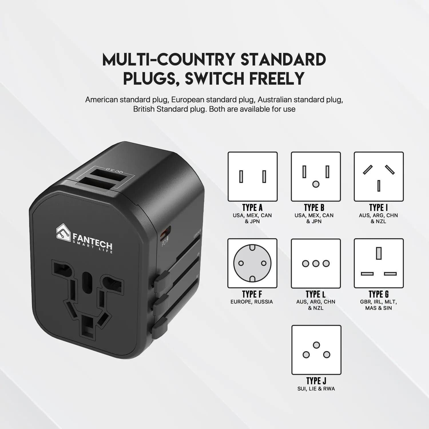 FANTECH UNIVERSAL TRAVEL ADAPTER 3-PORT PD+QC 20W - TAC1 / TAC01