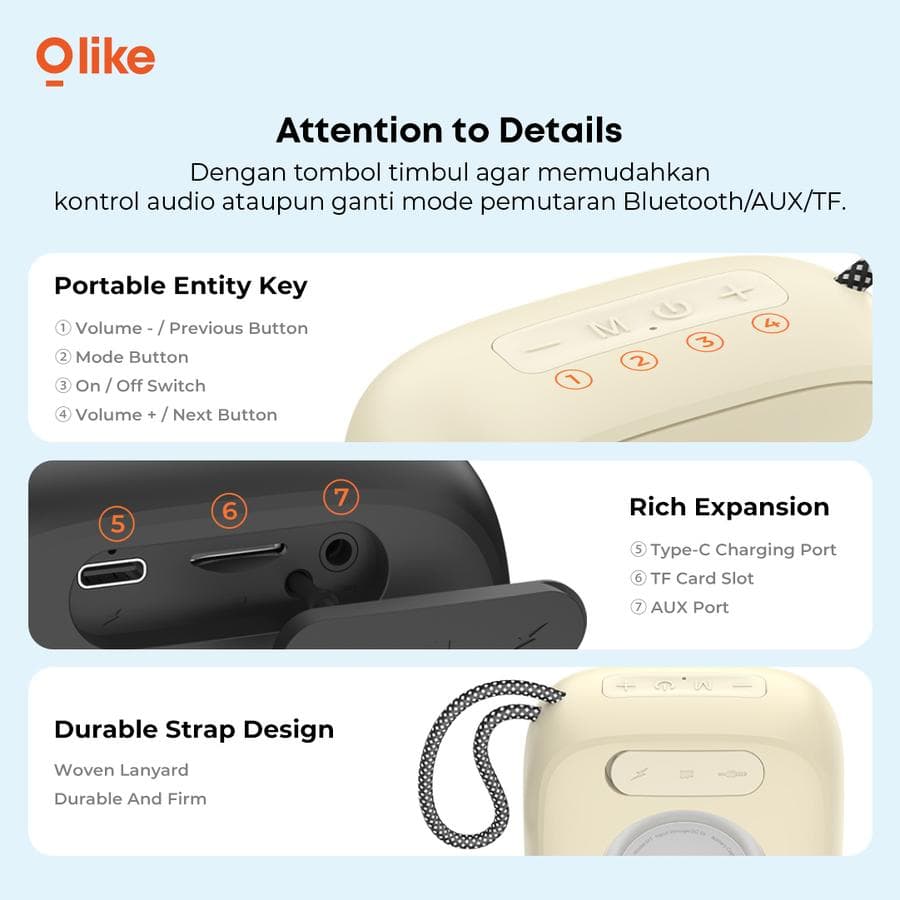 SPEAKER OLIKE SF7 MINI WIRELESS BLUETOOTH PORTABLE SUPPORT AUX TF
