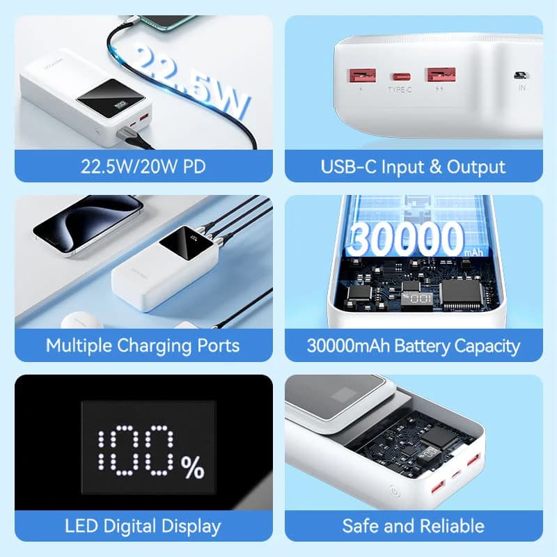 VENTION POWERBANK 30000mAh 22.5W (MICRO-USB + USB-C + USB-A) LED DISPLAY TYPE (FHMB0 - FHMW0)