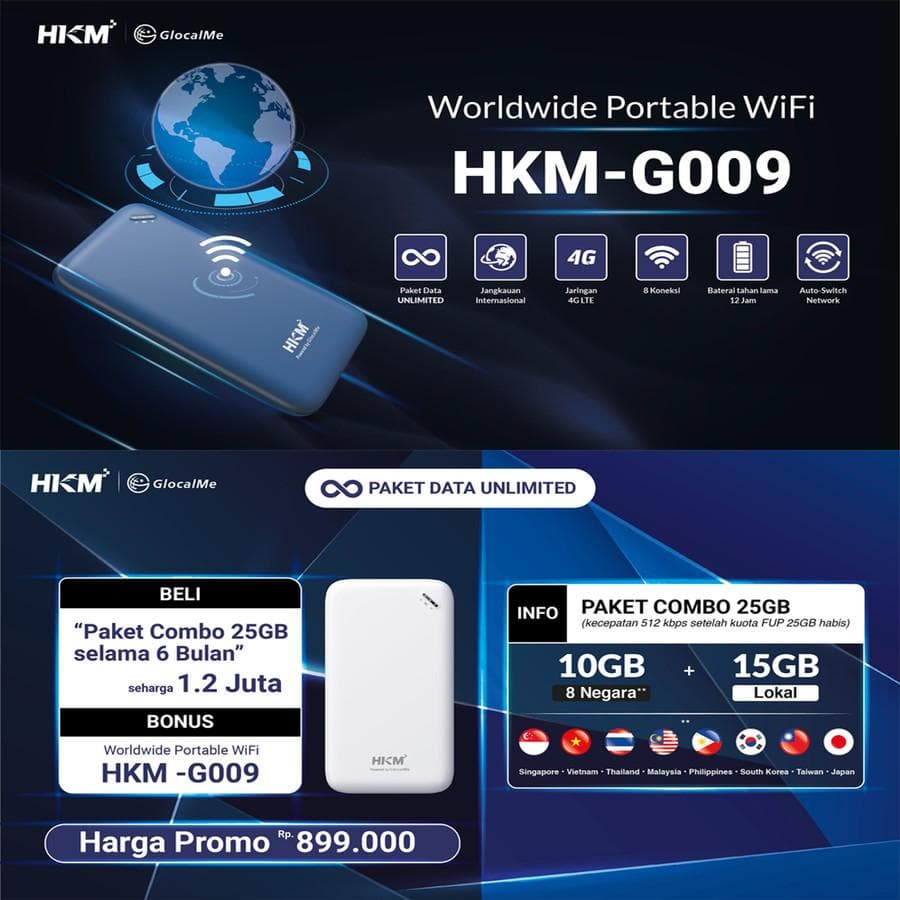 MODEM WIFI HUAWEI HKM G009 GLOCALME 4G UNLIMITED WORLDWIDE ROAMING 6BLN + INDOSAT 215GB 1TH 150GB