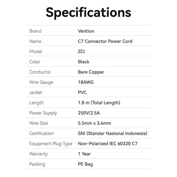 VENTION 2-Prong Power Cord 1.8M C7 Connector EU Plug (ZCIBAC)
