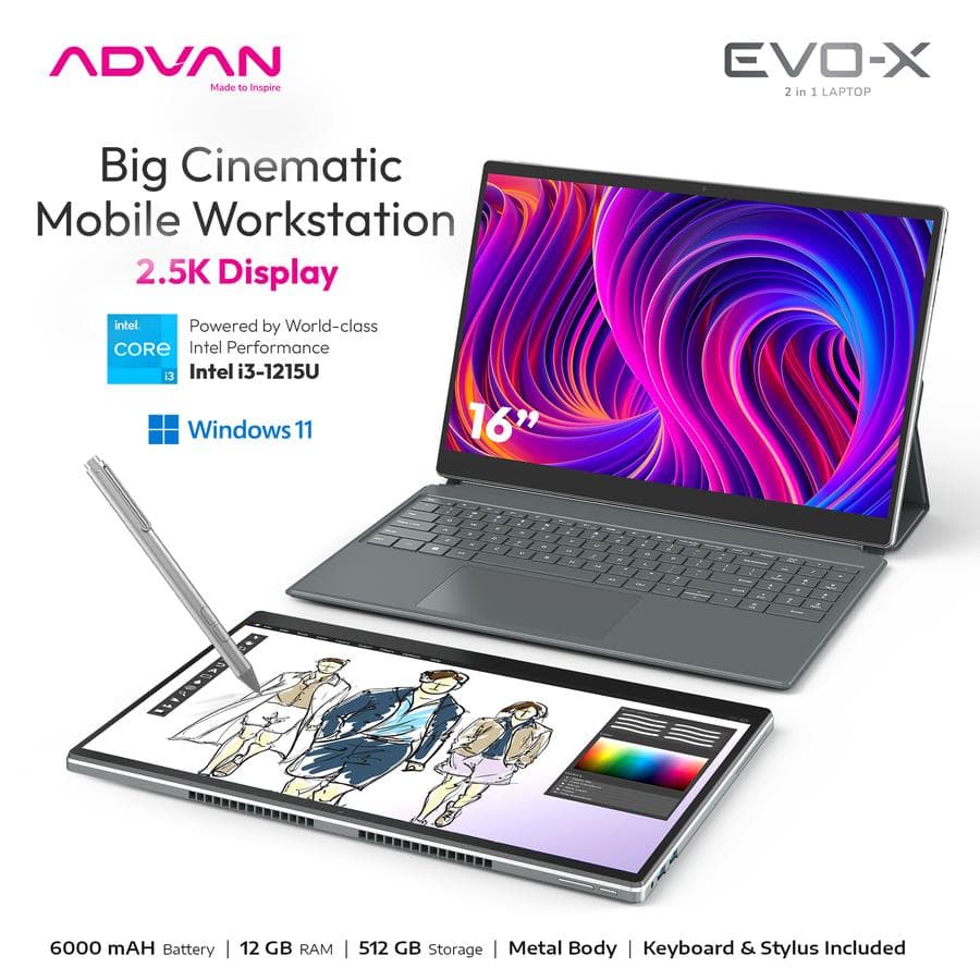 ADVAN EVO-X 16 2IN1 INTEL I3-1215U 12GB 512GB 16″ IPS 2.5K TOUCH WIN 11 HOME