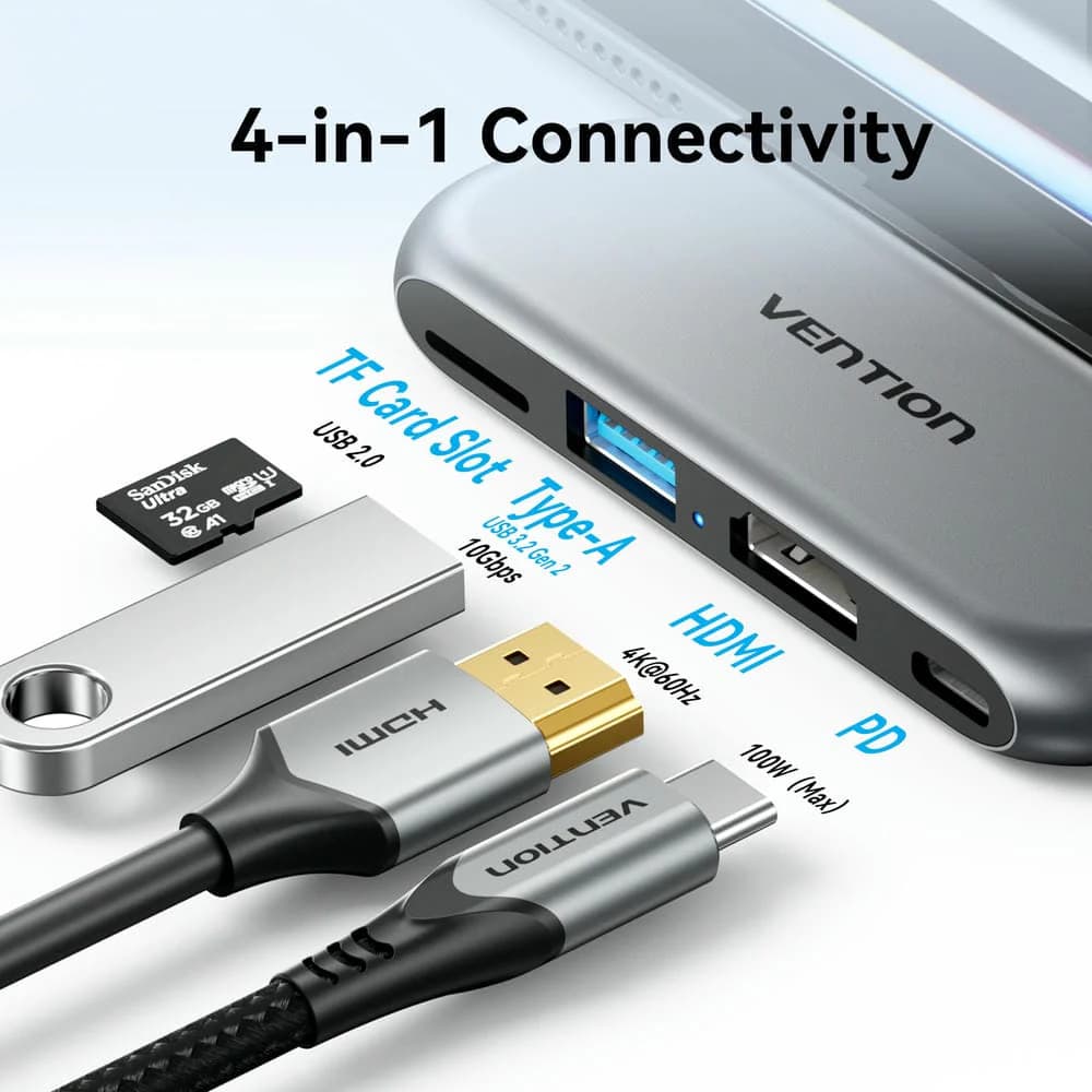 VENTION USB HUB 4-IN-1 USB-C CABLE-FREE DOCKING STATION WITH HDMI MICROSD USB-C USB-A (THYH0)