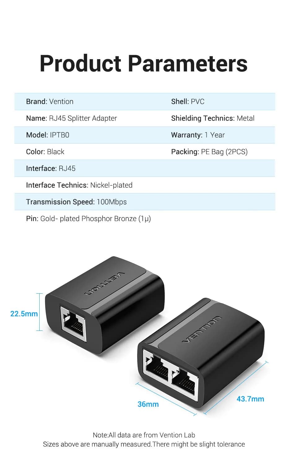 VENTION RJ45 SPLITTER ADAPTER BLACK PVC TYPE - IPTB0