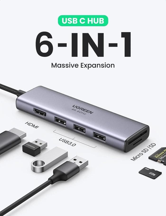 UGREEN USB HUB 6 IN 1 4K HDMI USB-C MULTIFUNCTION ADAPTER WITH CARD READER - (20956A)