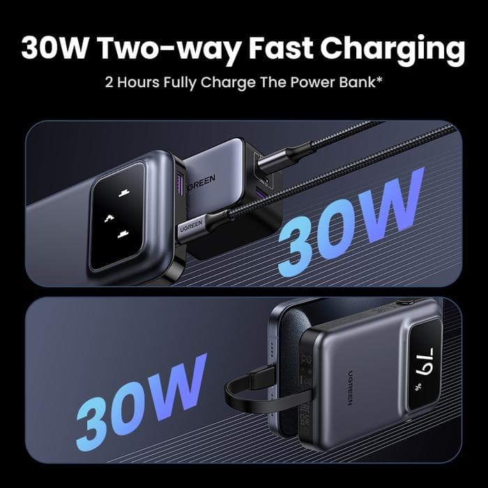 UGREEN POWERBANK UNO SERIES SMART DISPLAY BUILT-IN TYPE-C CABLE 10.000mAh PD FAST CHARGING 30W - (35603B - 35604B))