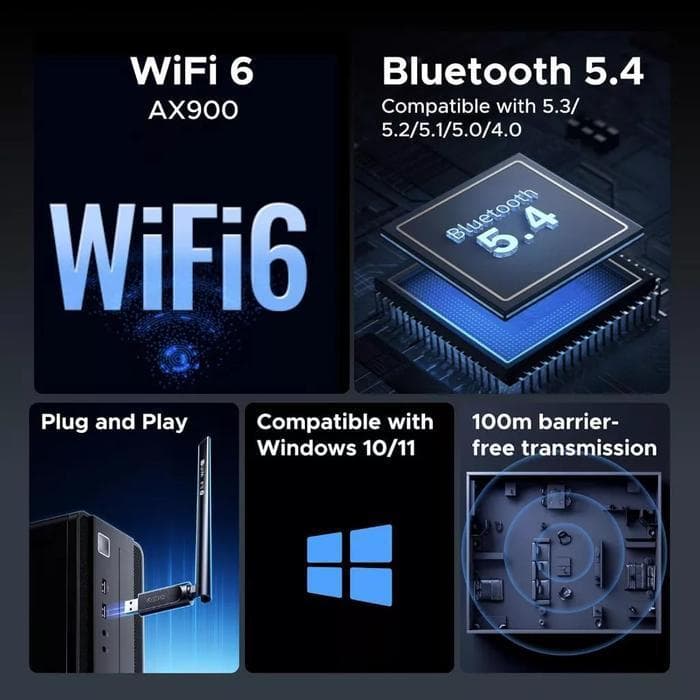 UGREEN WIFI ADAPTER USB WITH BLUETOOTH 5.4 + WIFI 6 AX900 5G - 75109