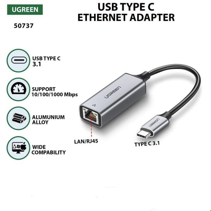 UGREEN USB LAN ADAPTER USB-C TO RJ45 GIGABIT ETHERNET ADAPTER - (50737)
