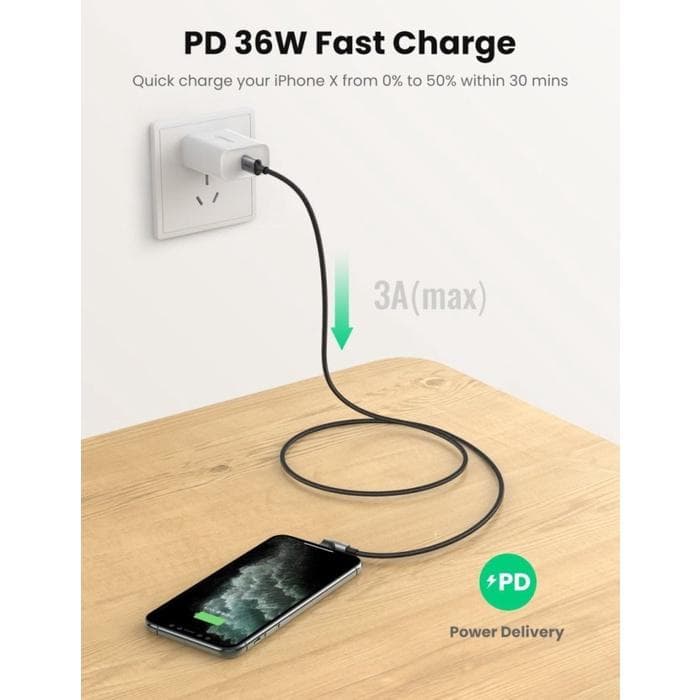 UGREEN CHARGER CABLE USB-C TO ANGLED LIGHTNING 1M 3A MFI - (60763)