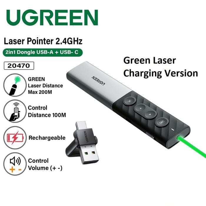 UGREEN LASER POINTER WIRELESS PRESENTER REMOTE GREEN LASER TYPE-C DOT 2.4GHz 100M - (20470)