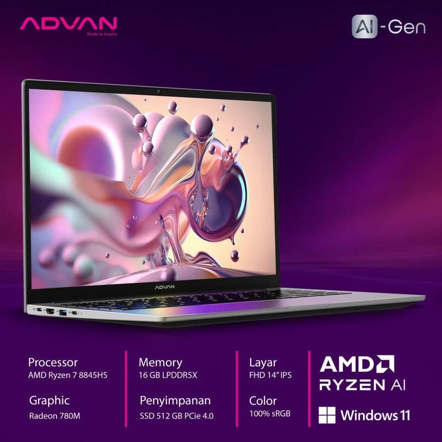 ADVAN AI GEN RYZEN 7-8845HS 16GB 512GB 14″ FHD IPS WIN 11 HOME