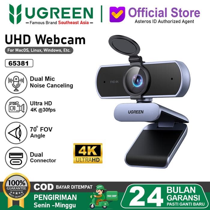 UGREEN WEBCAM UHD 4K RESOLUTION 30FPS BUILT IN DUAL MIC NOISE REDUCTION - (65381)