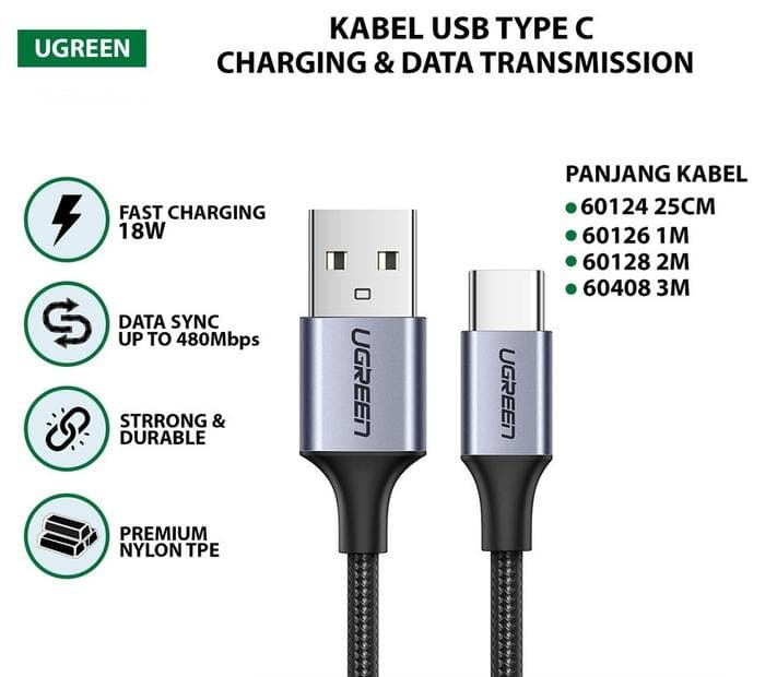 UGREEN CABLE USB-A 2.0 TYPE-C NICKLE PLATING NYLON 0.5M-2M - (60125 - 60126 - 60128)