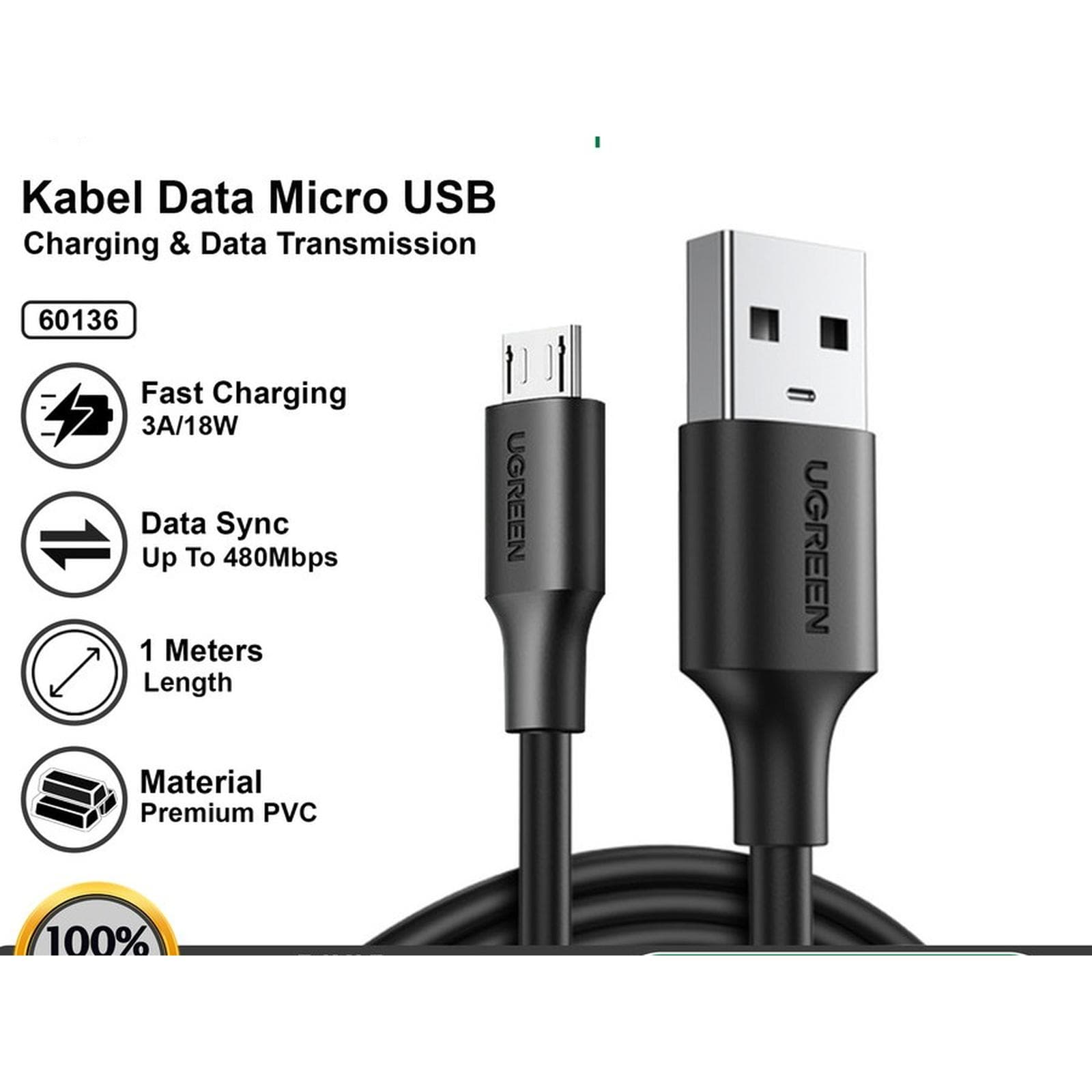 UGREEN CABLE DATA MICRO USB 18W FAST CHARGING PREMIUM BRAIDED 1m - (60136)