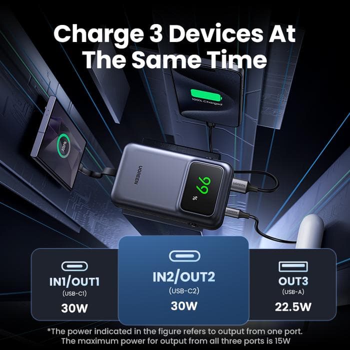 UGREEN POWERBANK UNO SERIES SMART DISPLAY BUILT-IN TYPE-C CABLE 10.000mAh PD FAST CHARGING 30W - (35603B - 35604B))