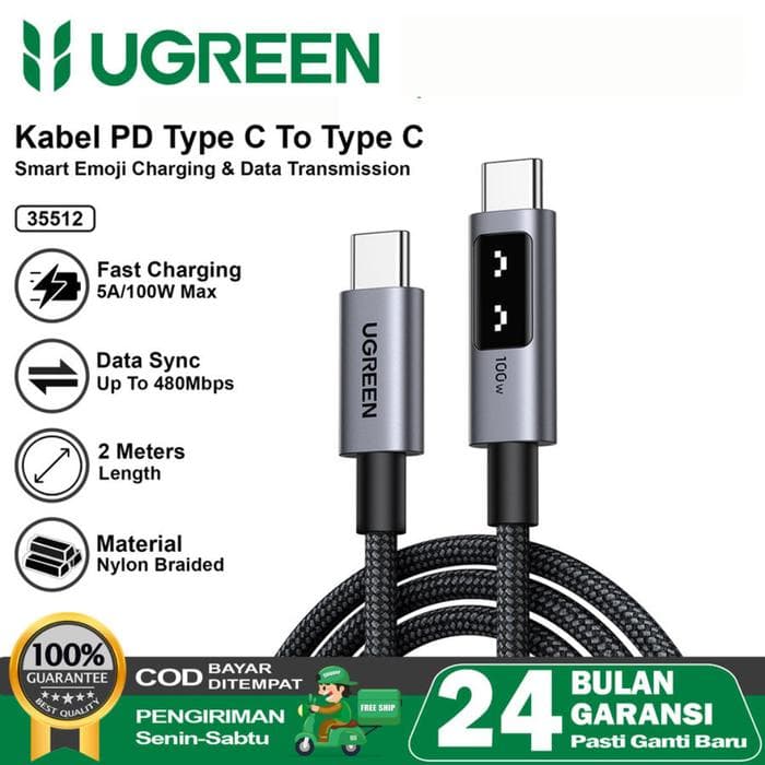 UGREEN CABLE DATA SMART DISPLAY UNO SERIES PD TYPE-C TO TYPE-C FAST CHARGING 100W 5A - (35512)