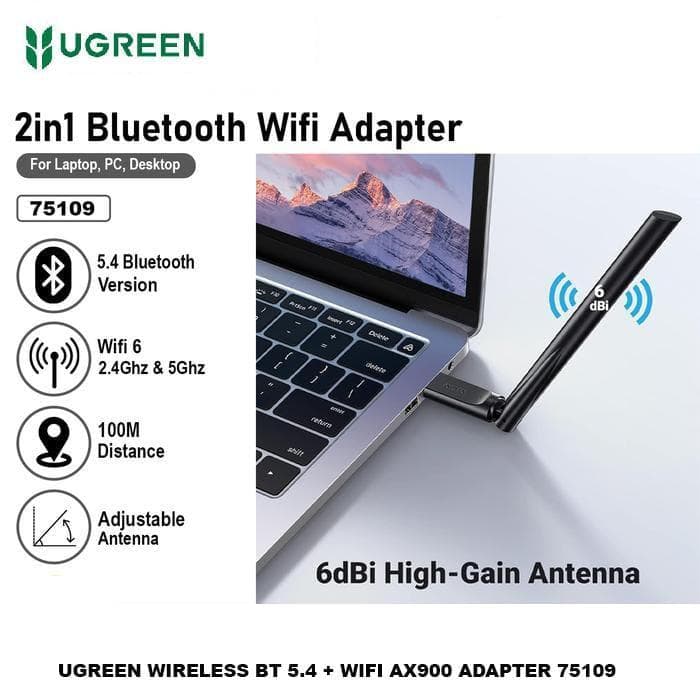 UGREEN WIFI ADAPTER USB WITH BLUETOOTH 5.4 + WIFI 6 AX900 5G - 75109