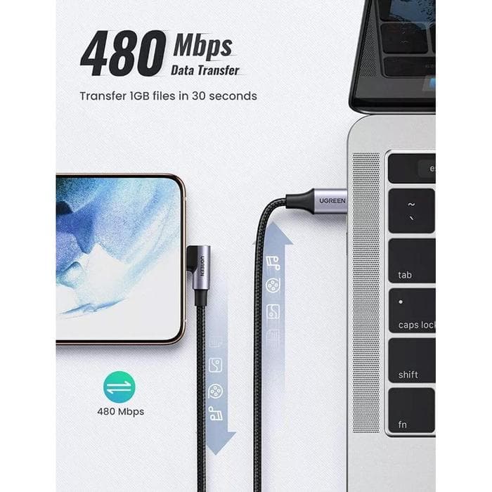 UGREEN CABLE DATA GAMING TYPE-C TO TYPE-C ELBOW NYLON BRAIDED SUPER FAST CHARGING 60W - (50123)