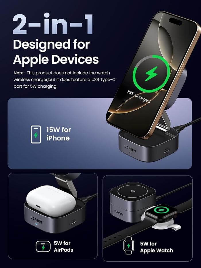 UGREEN 2 IN 1 FOLDABLE WIRELESS CHARGER MAGSAFE Qi2 WITH STAND HOLDER FAST CHARGING 7.5W - 15W - (35278)