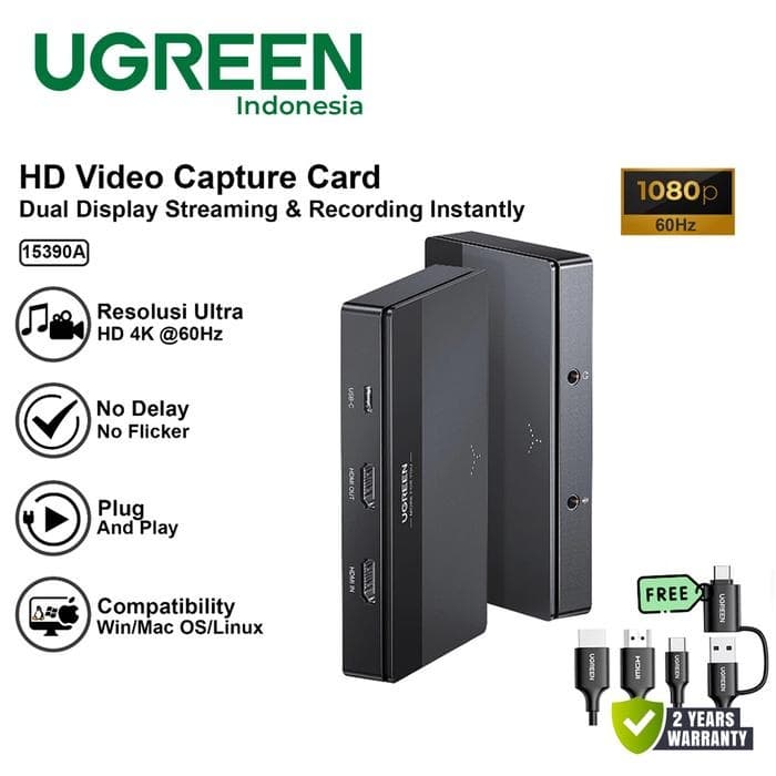 UGREEN VIDEO CAPTURE HDMI HD 4K 60HZ GAME VIDEO LIVE STREAMING - (15390A)