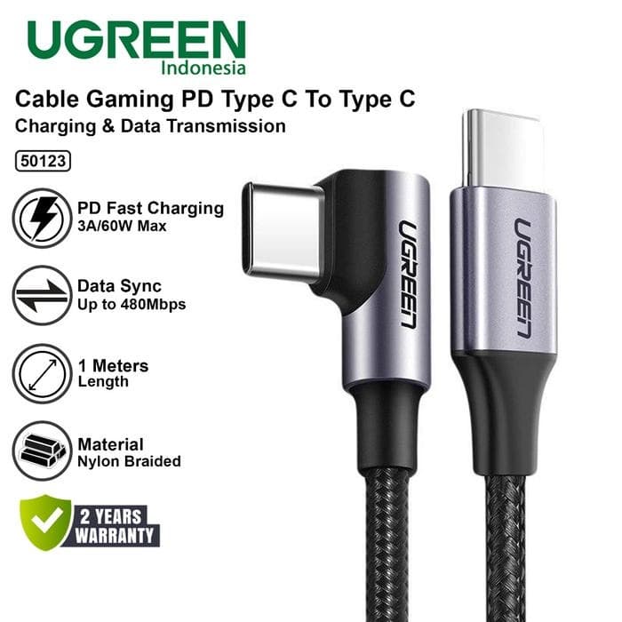 UGREEN CABLE DATA GAMING TYPE-C TO TYPE-C ELBOW NYLON BRAIDED SUPER FAST CHARGING 60W - (50123)