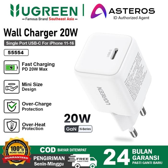 UGREEN CHARGER ADAPTOR GaN N SERIES TYPE-C FAST CHARGING 20W - (55554 - 55555 - 55556)