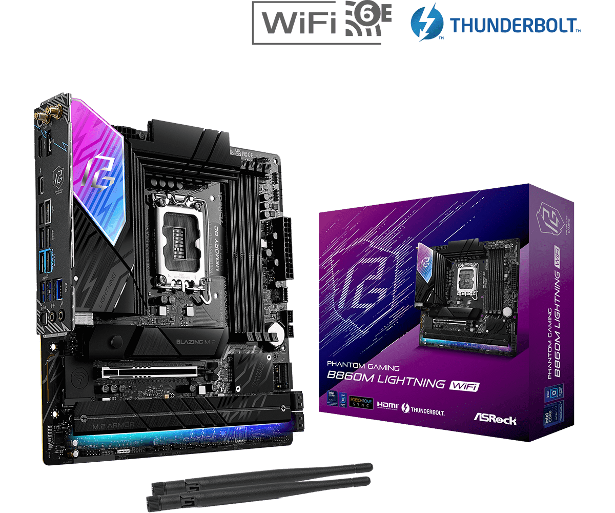 MOTHERBOARD ASROCK PHANTOM GAMING B860M LIGHTNING WIFI LGA1851 DDR5 - mATX