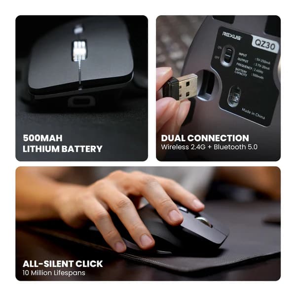 MOUSE REXUS FLOW QZ30 MOUSE OFFICE WIRELESS ERGONOMIC SILENT CLICK AEROSPIN WHEEL &amp; HORIZONTAL SCROLL MODE
