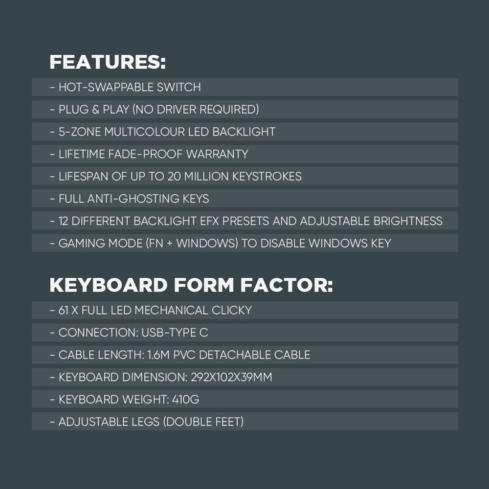 KEYBOARD ARMAGGEDDON MKA-1C NEX MECHANICAL SWITCH KEYBOARD 61% LAYOUT