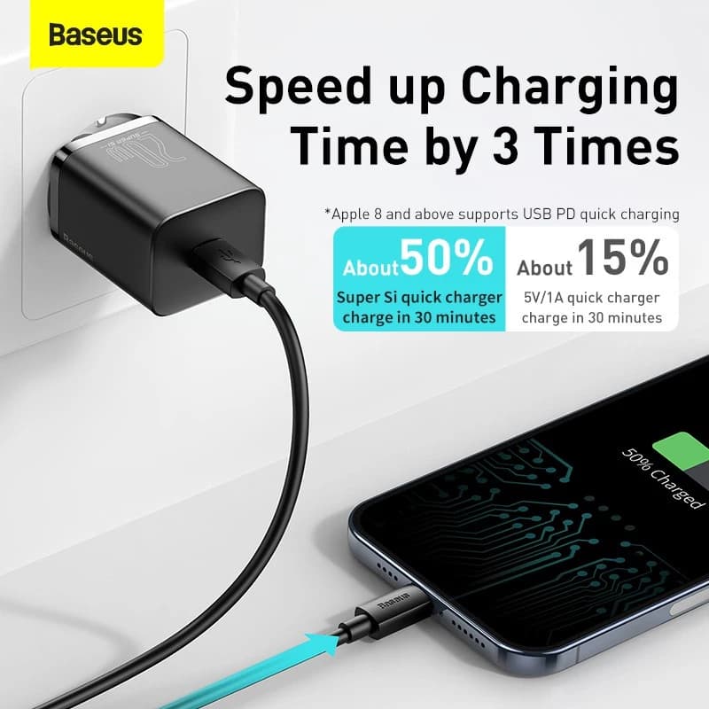 BASEUS CHARGER SUPER SI 20W 1C WITH CABLE TYPE-C TO LIGHTNING - (TZCCSUP-B01 / TZCCSUP-B02)